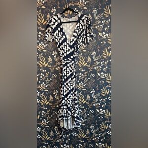 CAbi The Perfect Wrap Dress Navy Maxi Dress with White Polka Dot Print Size M